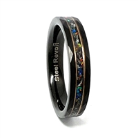 STEEL REVOLTÂ® Comfort-Fit 8mm Diamond Cut Look Tungsten Carbide Wedding Ring With Crushed Opal and Meteorite