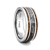 STEEL REVOLTâ„¢ Comfort Fit Domed Titanium Wedding Ring with Wood from Genuine Jack Daniels Whiskey Barrel and Meteorite