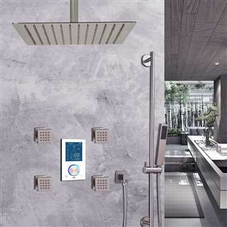 BathSelect Brushed Nickel Ceiling Mount Rainfall Shower Set With Thermostat Mixer Jet Spray and Slidebar Handshower