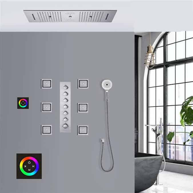 Foggia Thermostatic Touch Panel Controlled Chrome LED Musical Rainfall Shower System with Hand Shower and Jetted Body Sprays