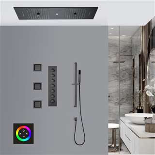 Pescara Touch Panel Controlled Matte Black Thermostatic Recessed Ceiling Mount Rainfall Waterfall Mist Shower System with Hand Shower and Jetted Body Sprays