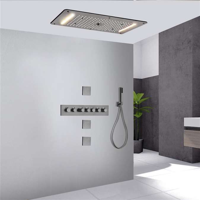 Cremona Thermostatic Brushed Nickel Recessed Ceiling Mount LED Waterfall Rainfall Shower System with Handheld Shower and Jetted Body Sprays