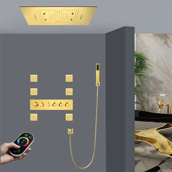 Molfetta  Polished Gold Remote Controlled LED Thermostatic Recessed Ceiling Mount Rainfall Waterfall Mist Shower System with Hand Shower and Jetted Body Sprays