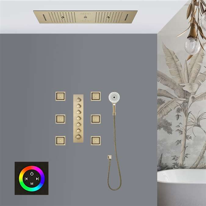 Cesena Thermostatic Waterfall Rainfall Water Column Mist LED Touch Panel Controlled Ceiling Brushed Gold Mount Shower System with 6 Jetted Body Sprays and Hand Shower