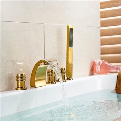 BathSelect Golden Deck Mount Bathtub Faucet With Hand-Held Shower