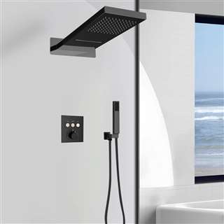 BathSelect Solid Brass Rain And Waterfall Shower Head With Thermostatic Mixer Valve And Handheld Shower In Matte Black Finish