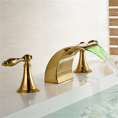 LED Colors Waterfall Spout Bathroom Sink Faucet Sink Mixer Tap Gold Finish