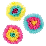 Create a vibrant display with the Assorted Bright Pink Tissue Flowers. Each flower has yellow, turquoise and cerise pink, with each flower having a different arrangement of colors. Each tissue flower measures 10 inches and contains 3 per package.