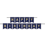 The Foil Happy Birthday Streamer is made of cardstock. It's navy with gold foil lettering and a gold outline around each pennant. Measures 6 inches tall and 12 feet long. Each package contains 1 cord and 13 cards. Simple assembly required. One per package