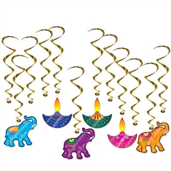 How do you add interest, color and movement to your Diwali celebration?  Hang these colorful and kinetic Diwali Whirls!  Each package includes 12 whirls.  6 are 15 inches long without danglers, 6 are 28.5 inches long with danglers.