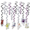 The Fairy Whirls are an assortment of black, purple, and silver metallic whirls and 6 have a cardstock icon of fairies attached to the end and 6 are plain whirls. Sizes range in measurement from 17 inches to 32 inches. Each package contains 12 whirls.