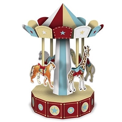 The 3-D Vintage Circus Carousel Centerpiece is made of colorful cardstock and measures 10 inches tall. Features animals as the seats including a tiger, a giraffe, a horse, and a camel. Assembly required, instructions included. One per package.