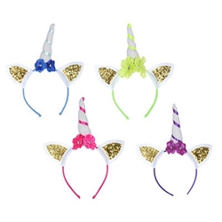 The Glittered Unicorn Headbands are made from a standard headband topped with a white unicorn horn wrapped in colorful ribbon with matching flowers and two gold glittered white ears. One size fits most. Contains (4) per package. No returns.
