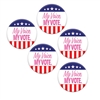 Show your American Spirit, political pride and independence with our My Voice. My Vote party buttons.  Great for give-a-ways at campaign events, registration drives as well.