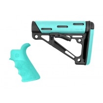 AR-15/M-16 Kit - Finger Groove Beavertail Grip and OverMolded Collapsible Buttstock - Fits Commercial Buffer Tube - Aqua Rubber